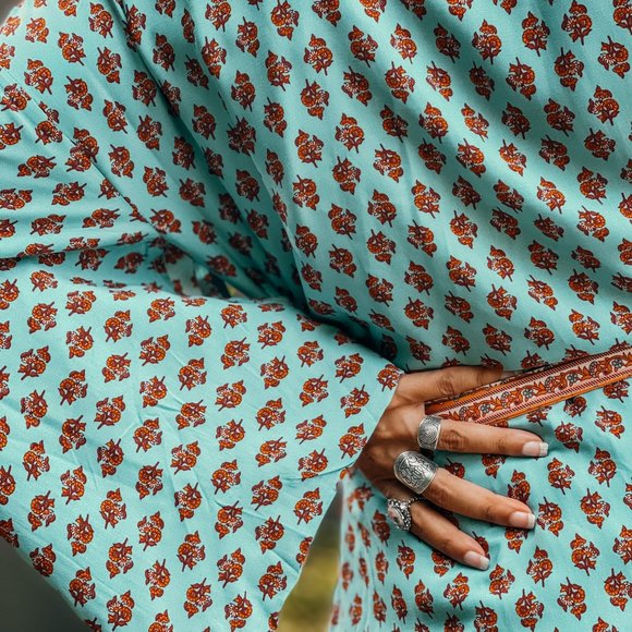 Boho Paisley Bohemian Romantic Turquoise Kimono - Picture 6 of 10